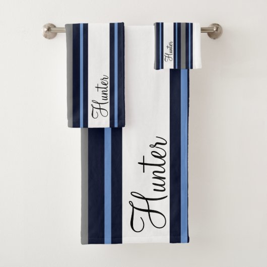 Custom Blue Modern Cursive Striping Badhandtuch Set (Insitu)