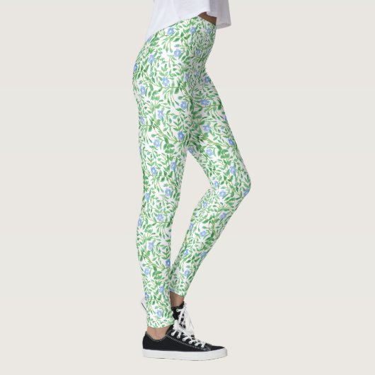Custom Blue Morning Glory Floral on White Leggings (Rechts)
