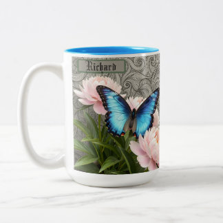 Custom Blue Morpho Butterfly Floral Artistic Name Zweifarbige Tasse