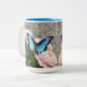 Custom Blue Morpho Butterfly Floral Artistic Name Zweifarbige Tasse (Vorderseite Links)