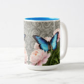 Custom Blue Morpho Butterfly Floral Artistic Name Zweifarbige Tasse (VorderseiteRechts)