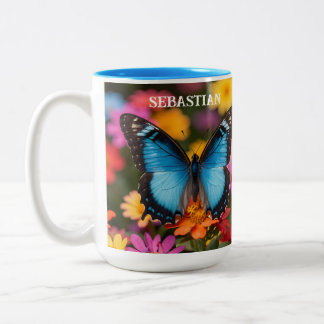 Custom Blue Morpho Butterfly Floral Botanical  Zweifarbige Tasse