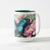 Custom Blue Morpho Butterfly Floral Monogram Zweifarbige Tasse (VorderseiteRechts)