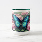 Custom Blue Morpho Butterfly Floral Monogram Zweifarbige Tasse (Mittel)
