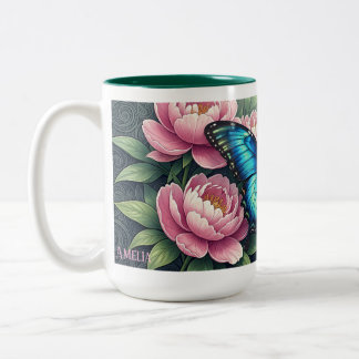 Custom Blue Morpho Butterfly Floral Monogram Zweifarbige Tasse