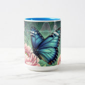 Custom Blue Morpho Butterfly Floral Name Zweifarbige Tasse (Mittel)