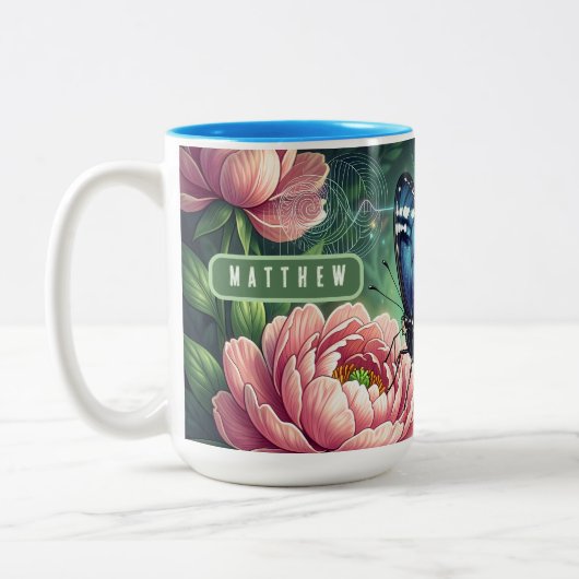 Custom Blue Morpho Butterfly Floral Name Zweifarbige Tasse (Links)