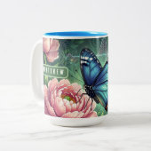 Custom Blue Morpho Butterfly Floral Name Zweifarbige Tasse (Vorderseite Links)