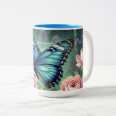 Custom Blue Morpho Butterfly Floral Name Zweifarbige Tasse (VorderseiteRechts)