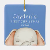 Custom Blue Niedlich Elephant Baby Boy Erste Weihn Keramikornament (Rückseite)