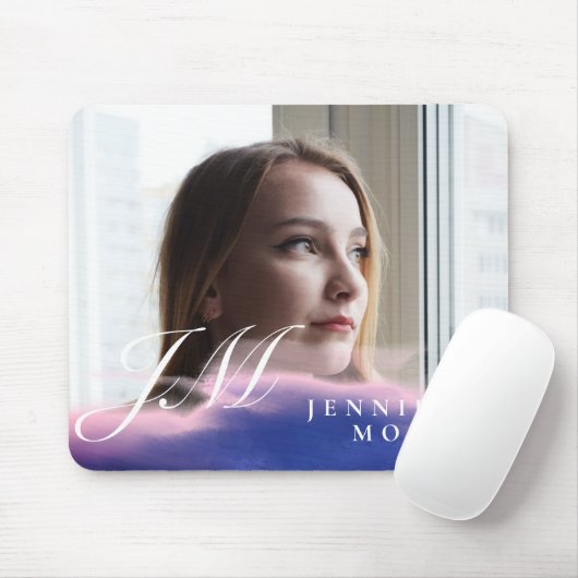 Custom Blue Pink Watercolor Foto Mit Monogramm Mousepad (Mit Mouse)