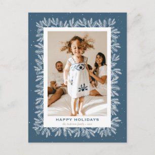 Custom Blue Rustic Pine Snow Foto Happy Feiertagspostkarte
