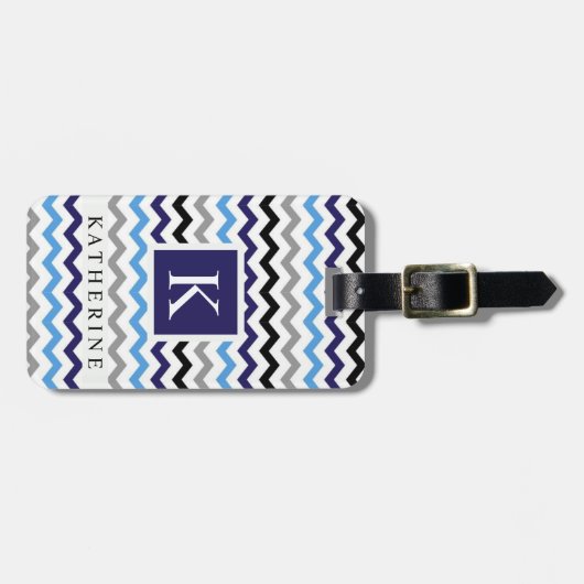 Custom Blue Schwarz-weiß Grau Zickzack Muster Gepäckanhänger (Vorderseite horizontal)