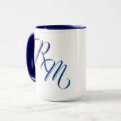 Custom Blue Script Monogram Initial Cup Tasse (Vorderseite Links)