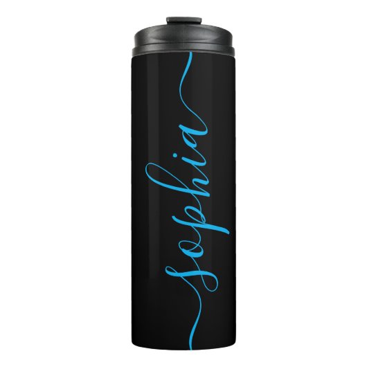 Custom Blue Script Name Black Thermal Tumbler Thermosbecher (Vorderseite)