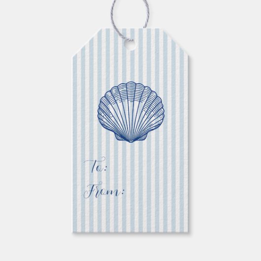 Custom Blue Seashell Coastal Stripe Geschenkanhänger (Vorderseite)