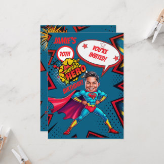 Custom Blue und Red Super Hero Boy Caricature Einladung