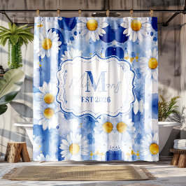 Custom Blue Watercolor Daisy Monogram Decor Duschvorhang