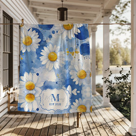 Custom Blue Watercolor Daisy Monogram Decor Fleecedecke