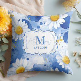 Custom Blue Watercolor Daisy Monogram Decor Kissen