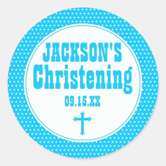 Custom Blue & White Dot Christening Sticker, Cross Runder Aufkleber (Vorderseite)