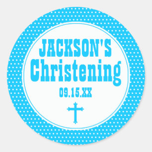 Custom Blue & White Dot Christening Sticker, Cross Runder Aufkleber