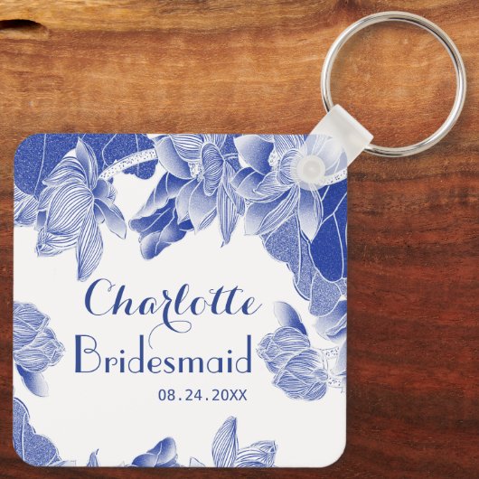 Custom Blue White Floral Bridesmaid Gastgeschenk H Schlüsselanhänger (Rückseite)