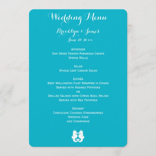 Custom Blue White Seepferd Wedding Menu Menükarte (Vorderseite)
