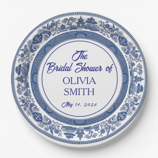 Custom Blue Willow Bridal Shower Personalized Chin Pappteller (Vorderseite)
