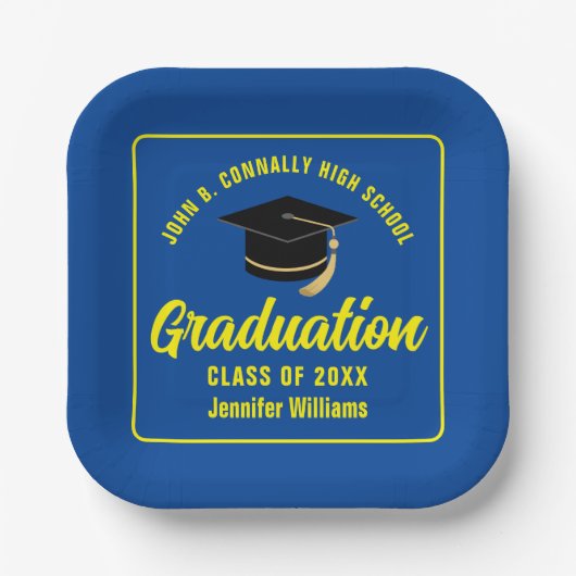 Custom Blue Yellow Graduation Party Square Pappteller (Vorderseite)