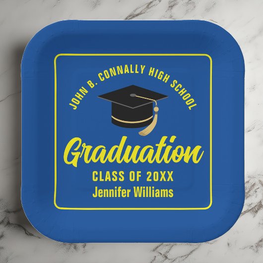 Custom Blue Yellow Graduation Party Square Pappteller