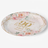 Custom Blush Floral Gold Glitter 90th Birthday Pappteller (Schrägansicht)