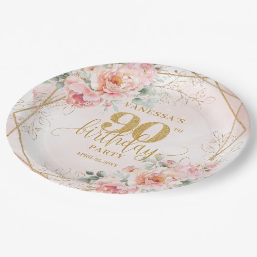 Custom Blush Floral Gold Glitter 90th Birthday  Pappteller (Schrägansicht)