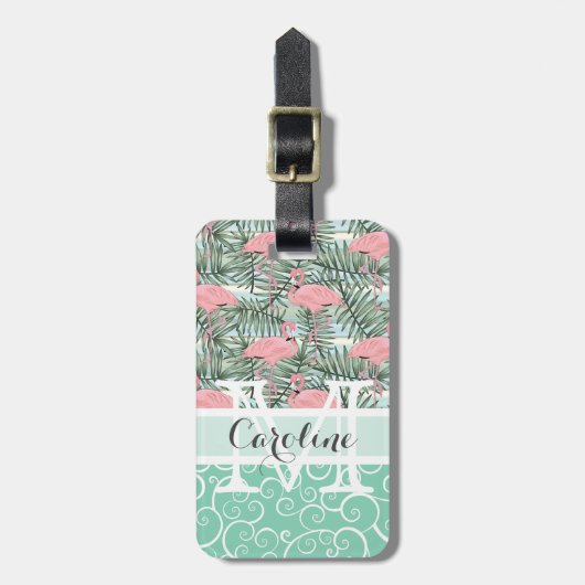Custom Blush Pink Flamingoes Palm Leafs Muster Gepäckanhänger (Vorderseite vertikal)