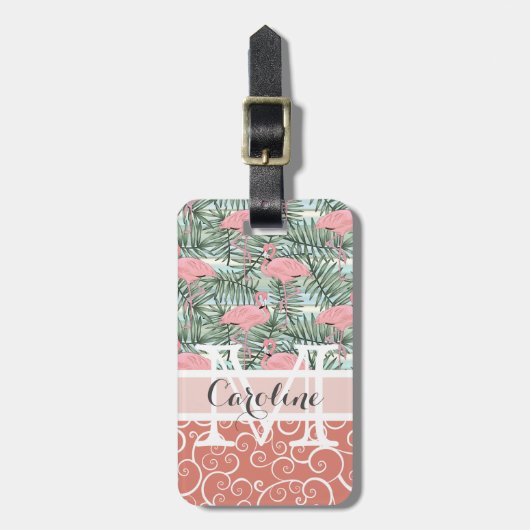 Custom Blush Pink Flamingoes Palm Leafs Muster Gepäckanhänger (Vorderseite vertikal)