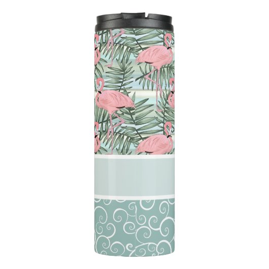 Custom Blush Pink Flamingoes Palm Leafs Muster Thermosbecher (Rückseite)
