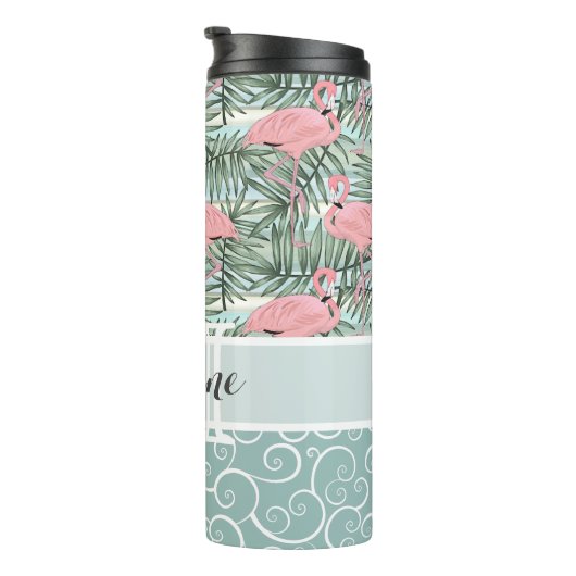Custom Blush Pink Flamingoes Palm Leafs Muster Thermosbecher (Nach rechts gedreht)