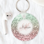 Custom Blush Pink Green Glitter Monogram Name Schlüsselanhänger<br><div class="desc">Easily personalize this beautiful sparkly pink and green faux glitter keychain with your custom handwritten script monogram and name.</div>