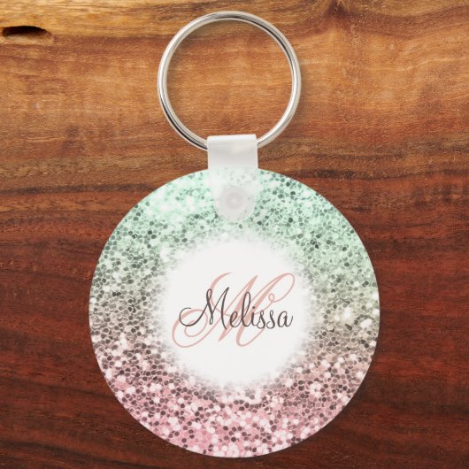 Custom Blush Pink Green Glitter Monogram Name Schlüsselanhänger (Vorderseite)