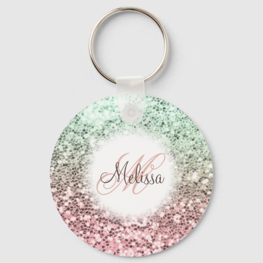 Custom Blush Pink Green Glitter Monogram Name Schlüsselanhänger (Rückseite)