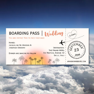 Custom Boarding Pass Tropical Sunset Wedding Einladung