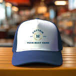 Custom Boat Captain Monogram Gold Laurel Nautical Truckerkappe<br><div class="desc">Custom modern vintage boat hat with cool navy blue nautical lettering reading CAPTAIN,  your monogram in a printed golden laurel,  and your personalized boat name. Great gift for a boating trip,  your own relief boat,  yacht,  or boat crew.</div>