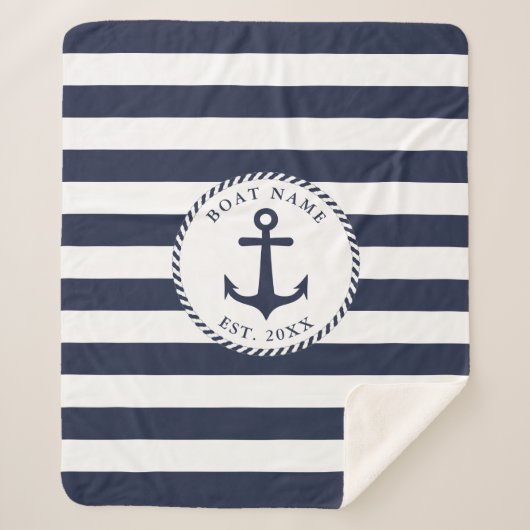 Custom Boat Name Nautical White Navy Blue Anchor Sherpadecke (Vorderseite)