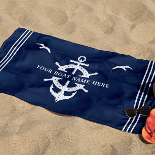 Custom Boat Name Ship's Wheel Anchor Nautical Blue Strandtuch