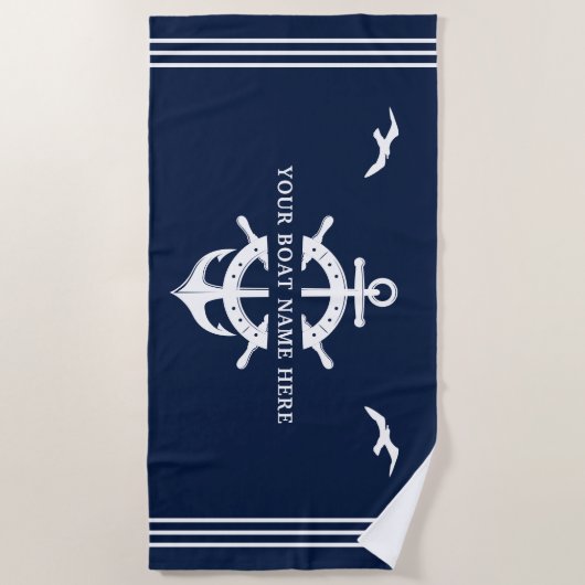 Custom Boat Name Ship's Wheel Anchor Nautical Blue Strandtuch (Vorderseite)