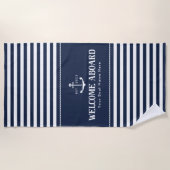 Custom Boat Name Striped Blue White Welcome Aboard Strandtuch (Vorderseite)