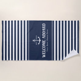 Custom Boat Name Striped Blue White Welcome Aboard Strandtuch