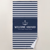 Custom Boat Name Striped Blue White Welcome Aboard Strandtuch (Vorderseite)