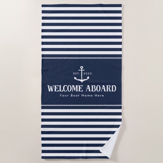 Custom Boat Name Striped Blue White Welcome Aboard Strandtuch (Vorderseite)