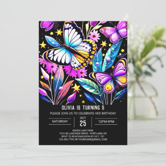 Custom Bohemisch Vibranfly Butterfly Geburtstag Einladung (Stehend Vorderseite)